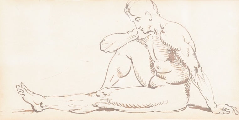 Attributed to Sir Edwin Henry Landseer R.A. (1802-1873), Study of a seated nude male, pen and ink sketch, unsigned, inscribed in pencil verso, 9 x 17cm, ornate gilt frame